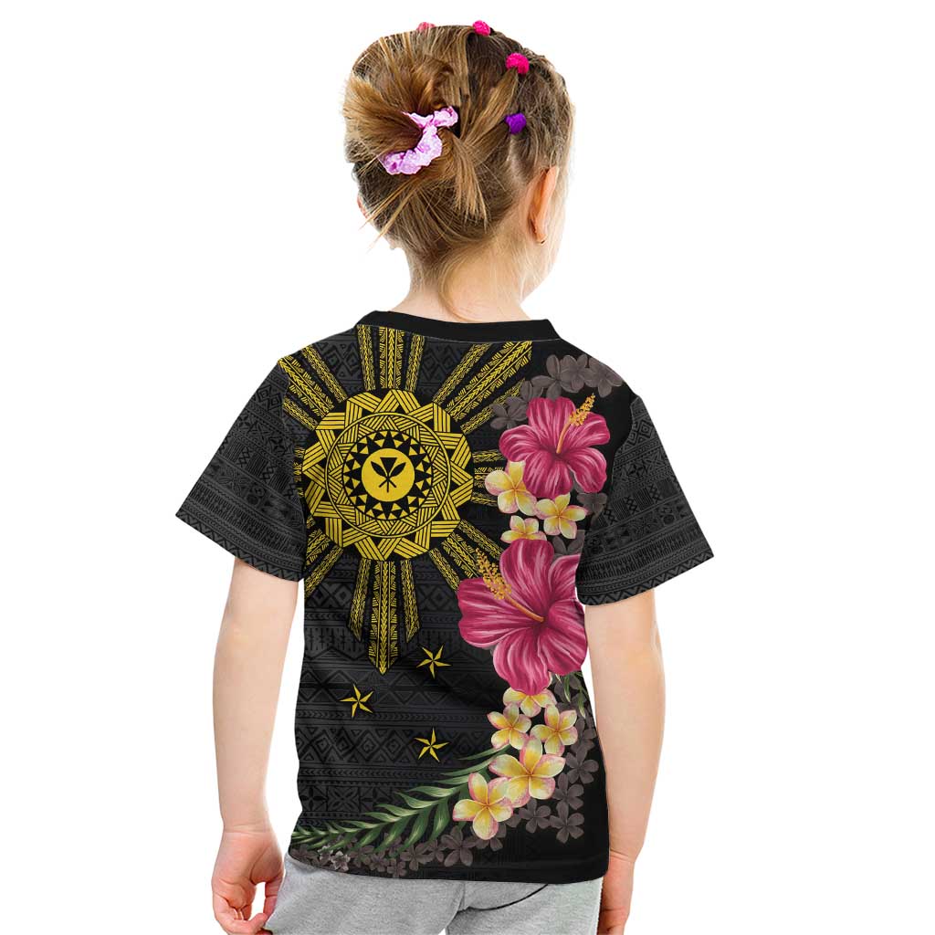 Hawaii and Philippines Together Kid T Shirt Hibiscus Flower and Sun Badge Polynesian Pattern Coloful