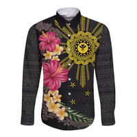Hawaii and Philippines Together Long Sleeve Button Shirt Hibiscus Flower and Sun Badge Polynesian Pattern Coloful