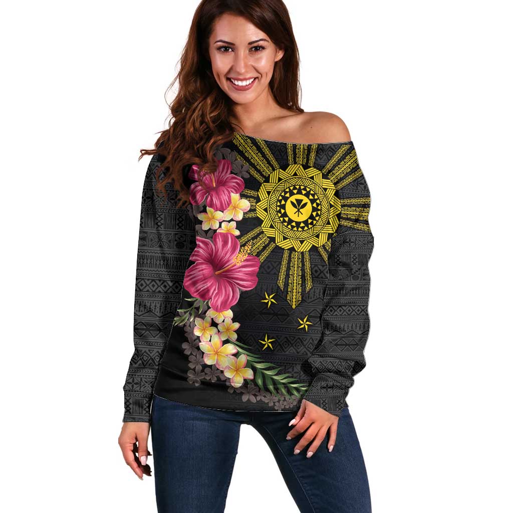 Hawaii and Philippines Together Off Shoulder Sweater Hibiscus Flower and Sun Badge Polynesian Pattern Coloful