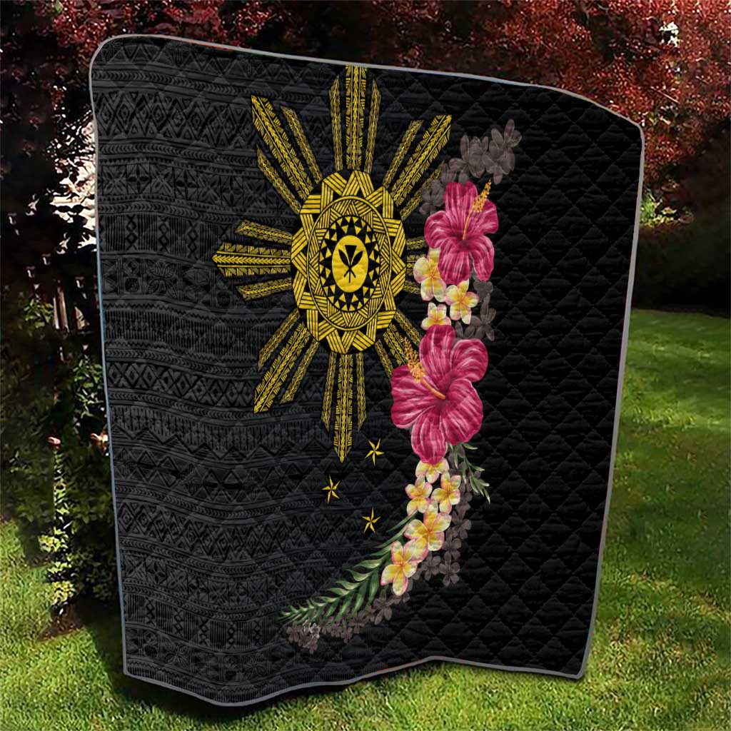 Hawaii and Philippines Together Quilt Hibiscus Flower and Sun Badge Polynesian Pattern Coloful