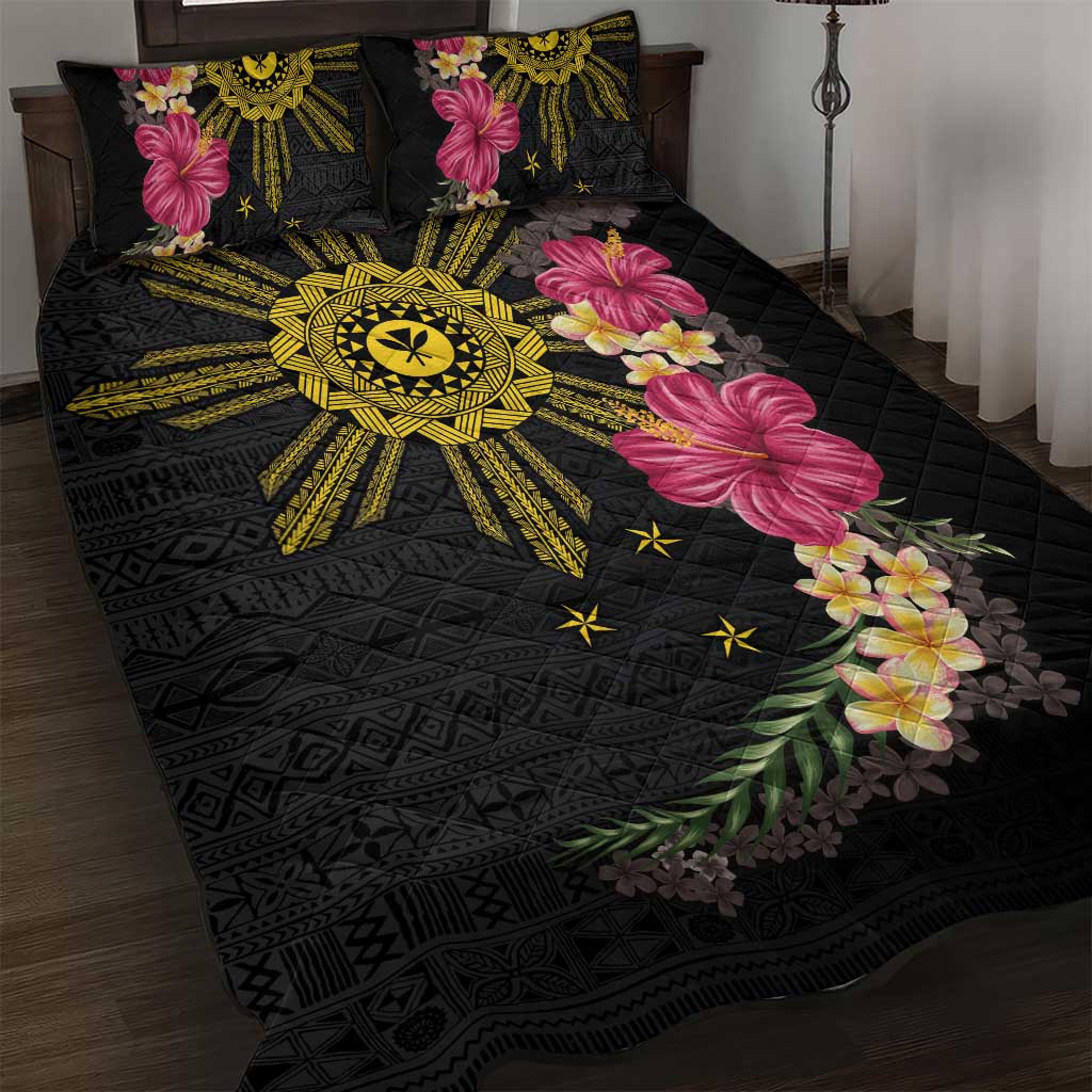 Hawaii and Philippines Together Quilt Bed Set Hibiscus Flower and Sun Badge Polynesian Pattern Coloful