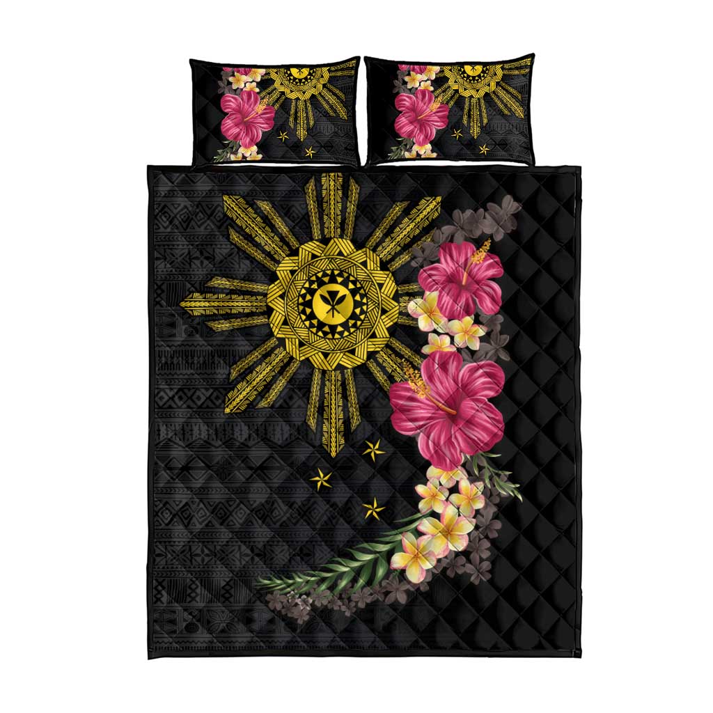 Hawaii and Philippines Together Quilt Bed Set Hibiscus Flower and Sun Badge Polynesian Pattern Coloful