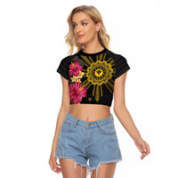 Hawaii and Philippines Together Raglan Cropped T Shirt Hibiscus Flower and Sun Badge Polynesian Pattern Coloful LT03 Female Black - Polynesian Pride