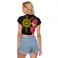 Hawaii and Philippines Together Raglan Cropped T Shirt Hibiscus Flower and Sun Badge Polynesian Pattern Coloful LT03 - Polynesian Pride