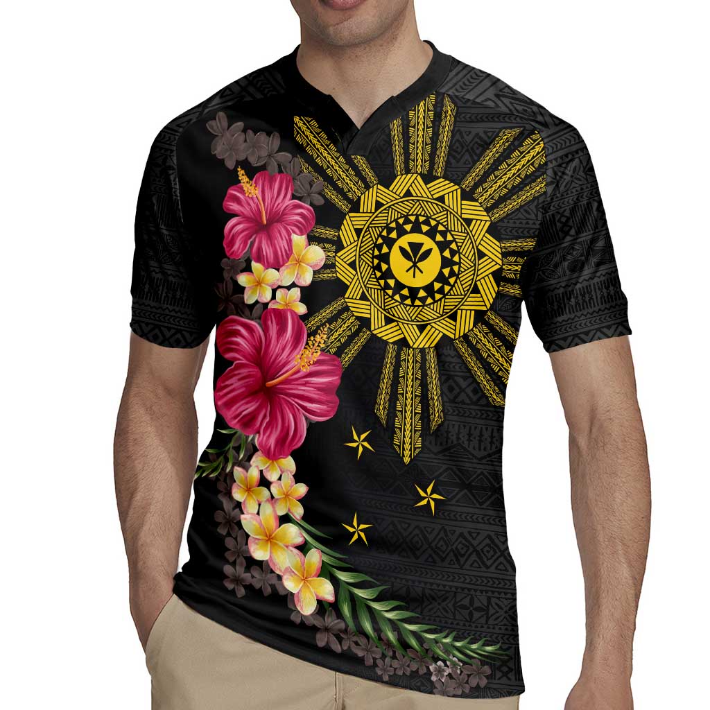Hawaii and Philippines Together Rugby Jersey Hibiscus Flower and Sun Badge Polynesian Pattern Coloful