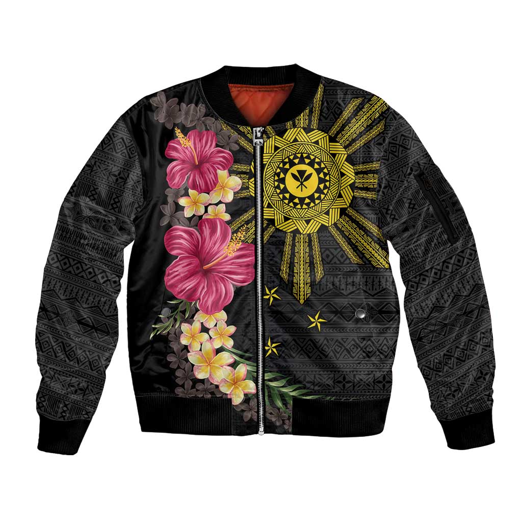 Hawaii and Philippines Together Sleeve Zip Bomber Jacket Hibiscus Flower and Sun Badge Polynesian Pattern Coloful