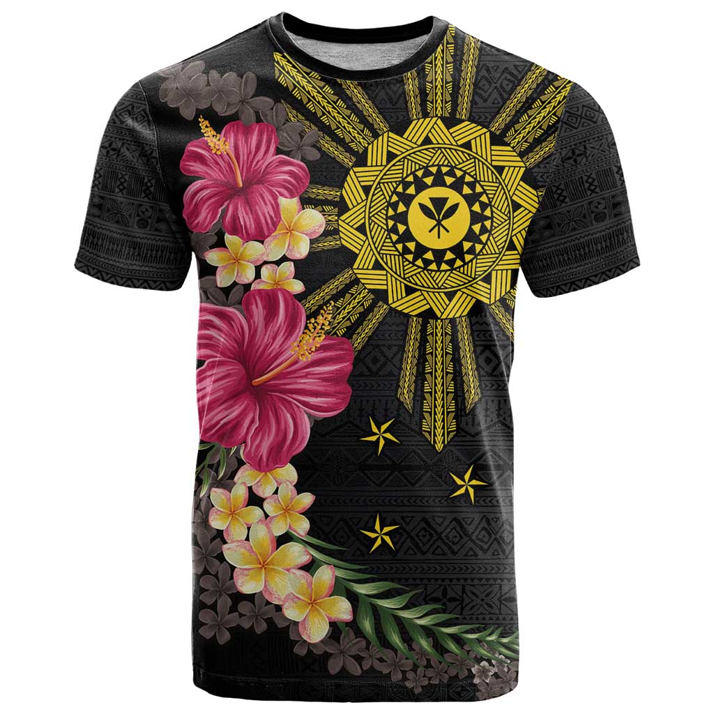 Hawaii and Philippines Together T Shirt Hibiscus Flower and Sun Badge Polynesian Pattern Coloful