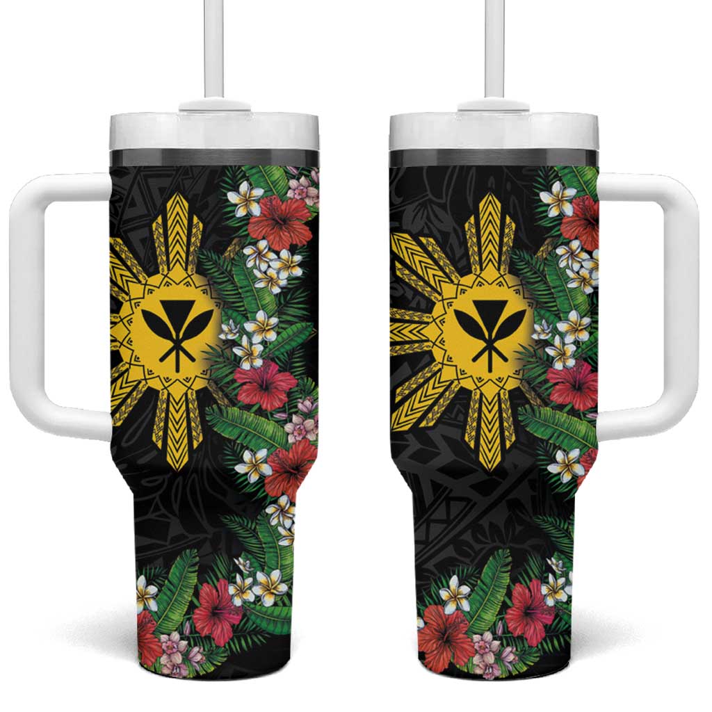 Hawaii and Philippines Together Tumbler With Handle Hibiscus Flower and Sun Badge Polynesian Pattern Coloful