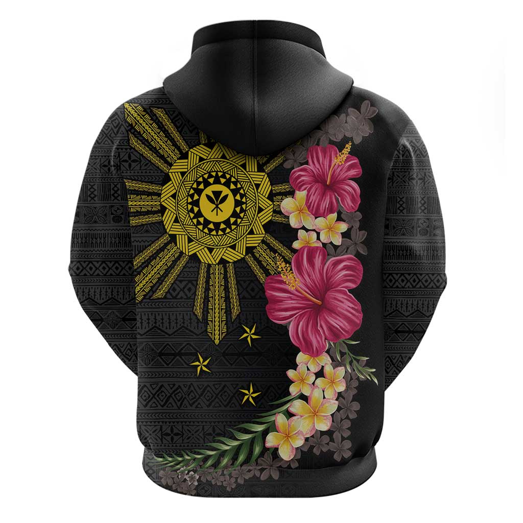 Hawaii and Philippines Together Zip Hoodie Hibiscus Flower and Sun Badge Polynesian Pattern Coloful