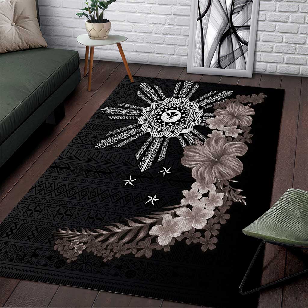 Hawaii and Philippines Together Area Rug Hibiscus Flower and Sun Badge Polynesian Pattern Grayscale