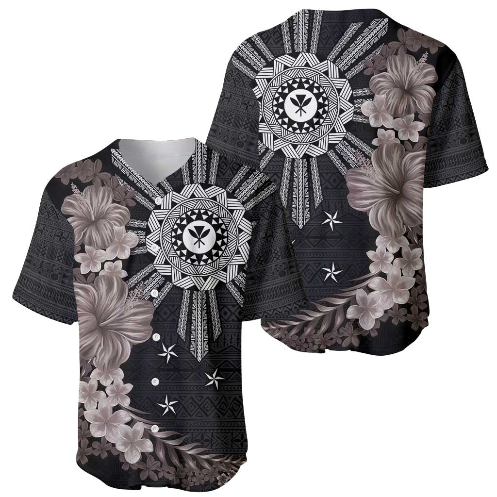 Hawaii and Philippines Together Baseball Jersey Hibiscus Flower and Sun Badge Polynesian Pattern Grayscale