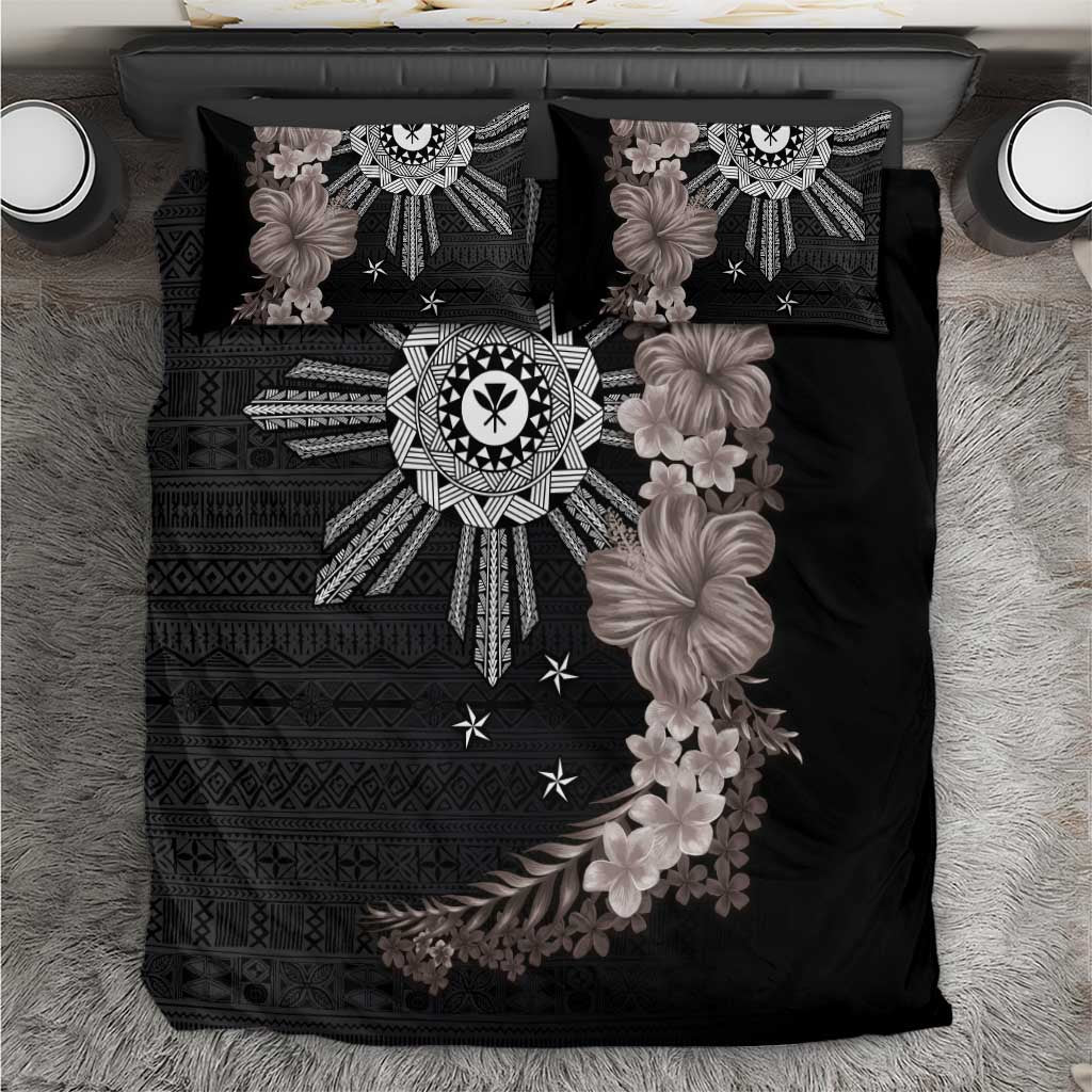 Hawaii and Philippines Together Bedding Set Hibiscus Flower and Sun Badge Polynesian Pattern Grayscale