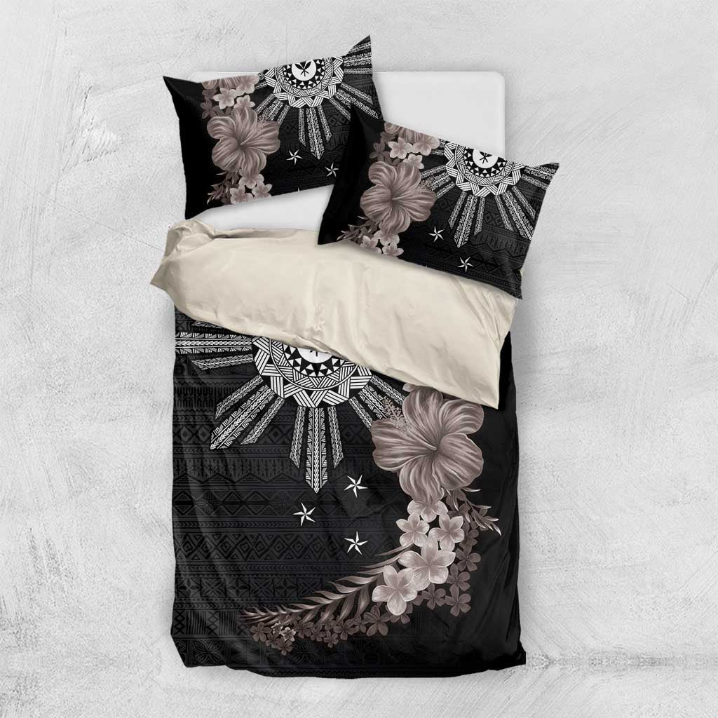 Hawaii and Philippines Together Bedding Set Hibiscus Flower and Sun Badge Polynesian Pattern Grayscale