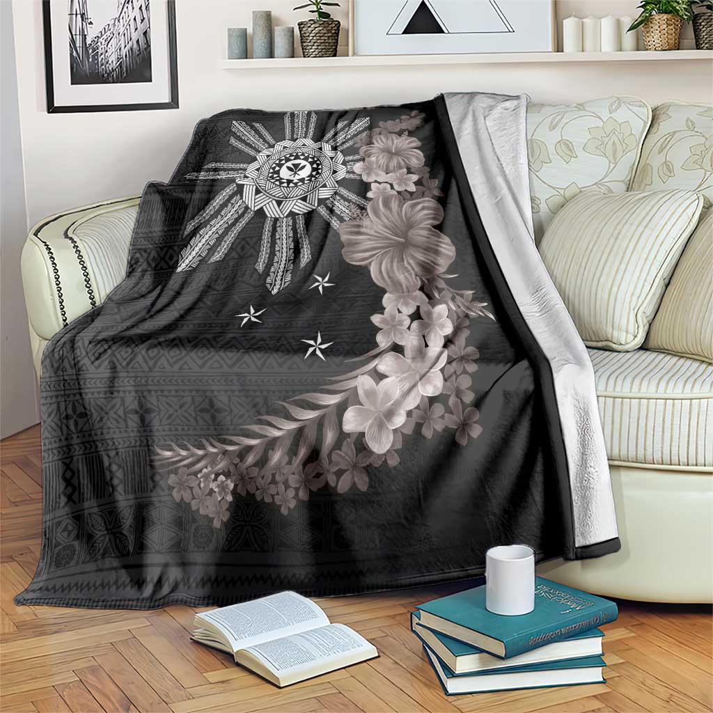 Hawaii and Philippines Together Blanket Hibiscus Flower and Sun Badge Polynesian Pattern Grayscale