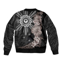 Hawaii and Philippines Together Bomber Jacket Hibiscus Flower and Sun Badge Polynesian Pattern Grayscale