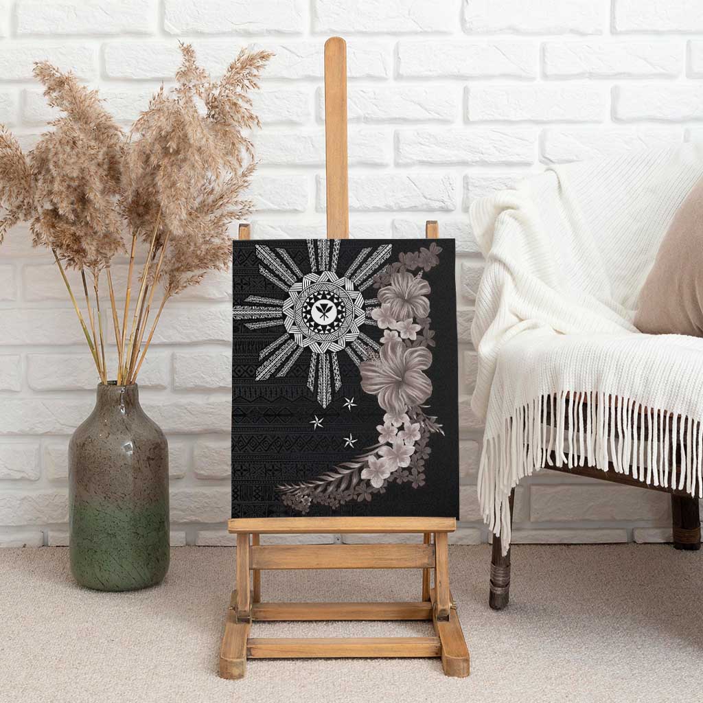 Hawaii and Philippines Together Canvas Wall Art Hibiscus Flower and Sun Badge Polynesian Pattern Grayscale