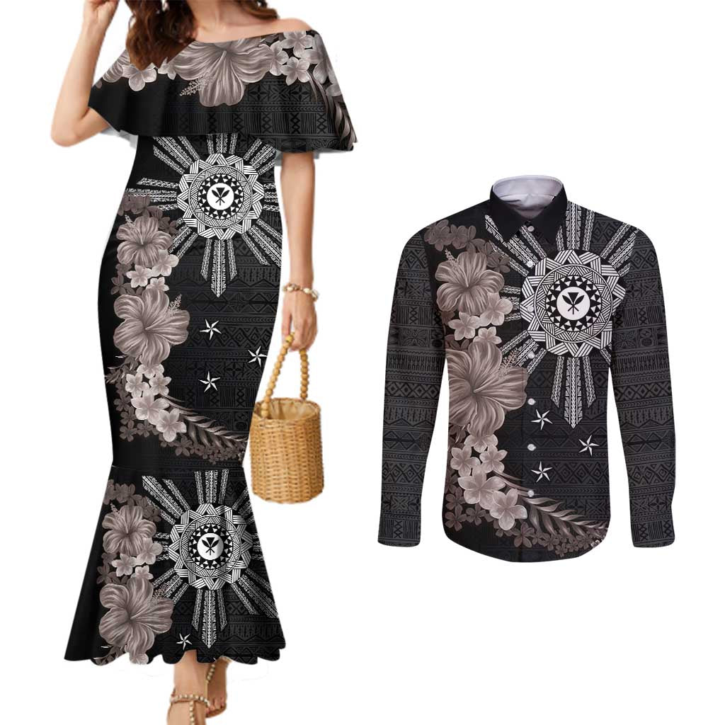 Hawaii and Philippines Together Couples Matching Mermaid Dress and Long Sleeve Button Shirt Hibiscus Flower and Sun Badge Polynesian Pattern Grayscale
