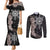 Hawaii and Philippines Together Couples Matching Mermaid Dress and Long Sleeve Button Shirt Hibiscus Flower and Sun Badge Polynesian Pattern Grayscale