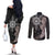 Hawaii and Philippines Together Couples Matching Off The Shoulder Long Sleeve Dress and Long Sleeve Button Shirt Hibiscus Flower and Sun Badge Polynesian Pattern Grayscale