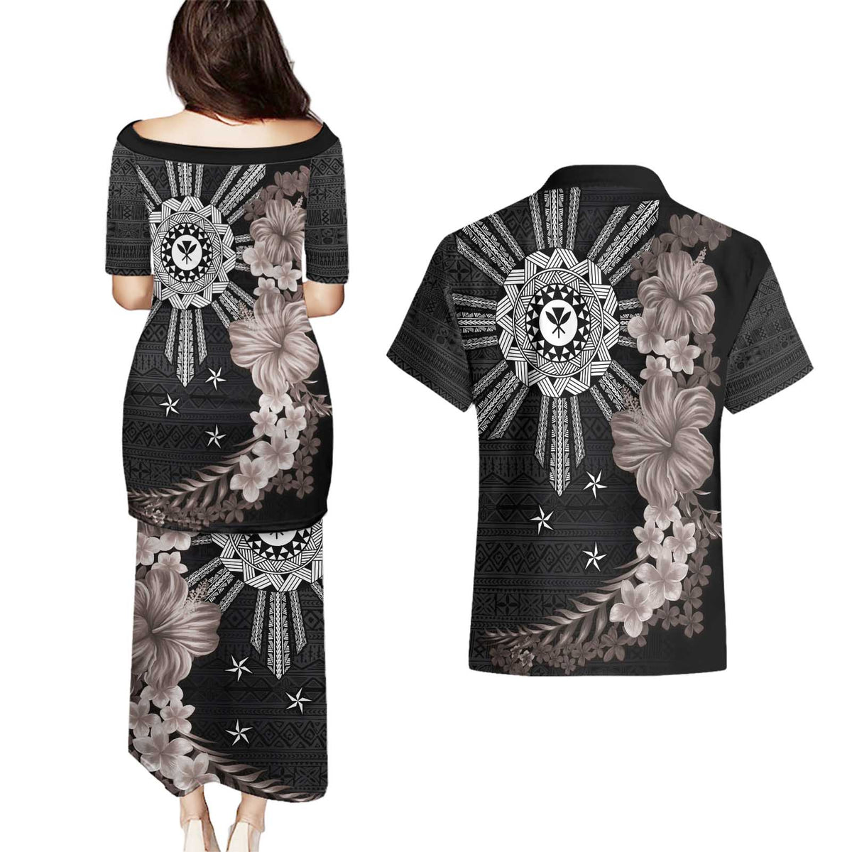 Hawaii and Philippines Together Couples Matching Puletasi and Hawaiian Shirt Hibiscus Flower and Sun Badge Polynesian Pattern Grayscale