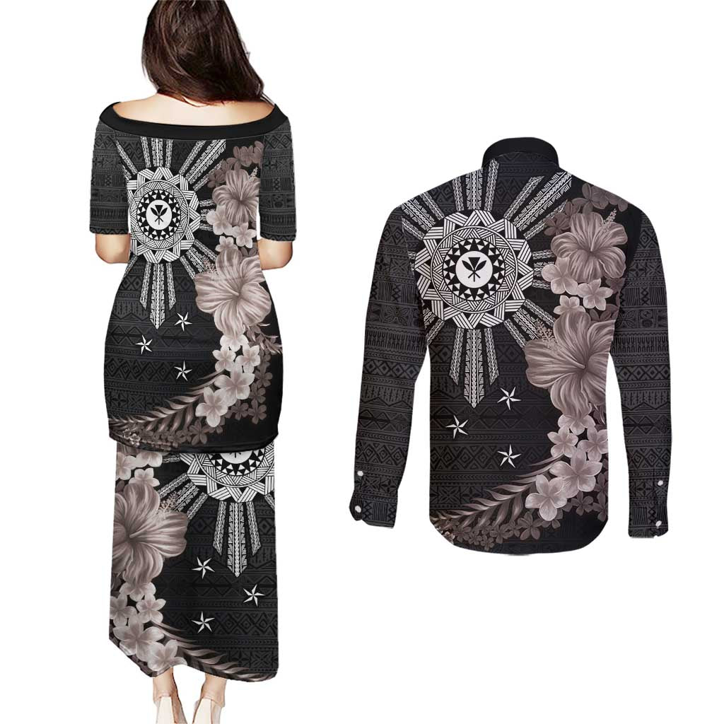 Hawaii and Philippines Together Couples Matching Puletasi and Long Sleeve Button Shirt Hibiscus Flower and Sun Badge Polynesian Pattern Grayscale
