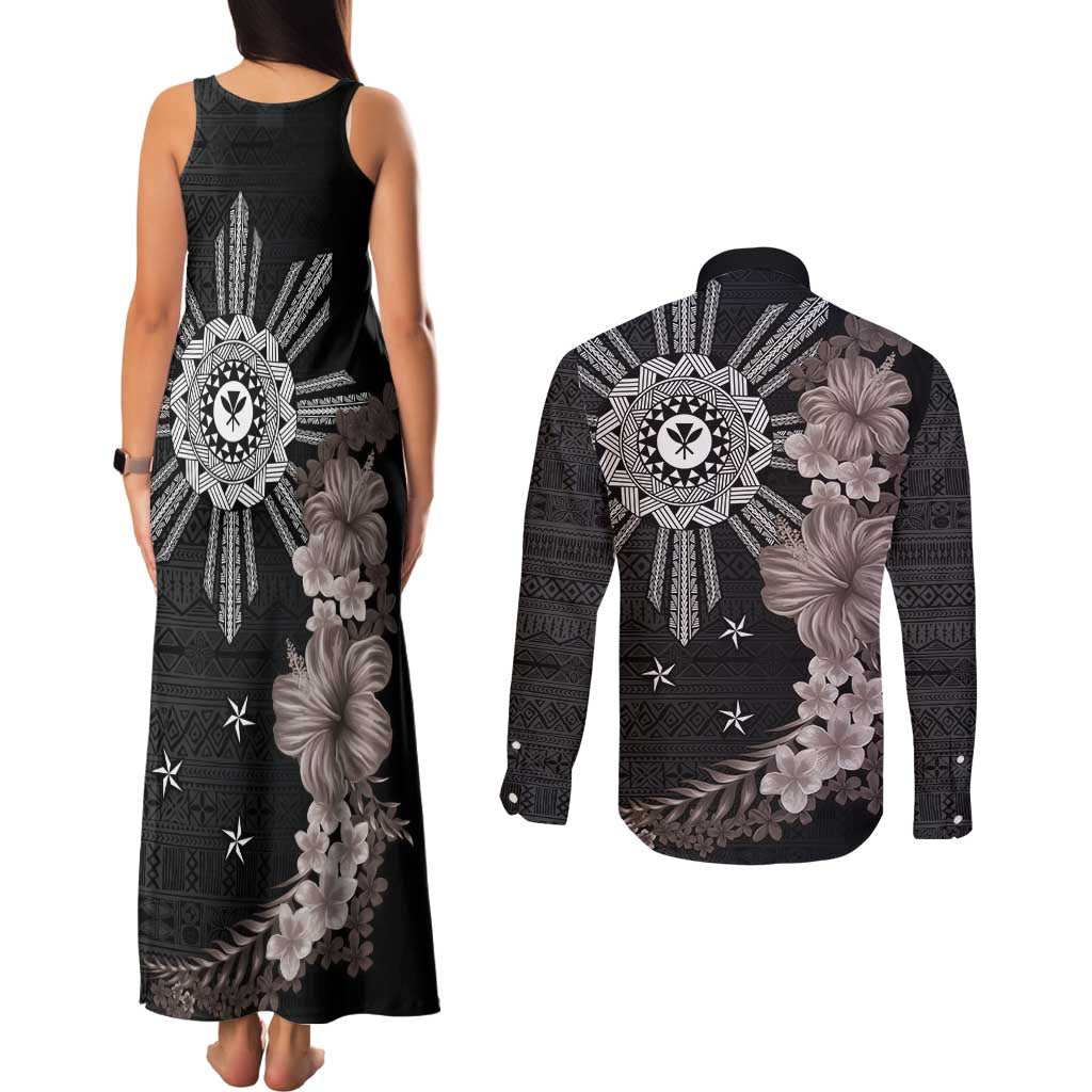 Hawaii and Philippines Together Couples Matching Tank Maxi Dress and Long Sleeve Button Shirt Hibiscus Flower and Sun Badge Polynesian Pattern Grayscale