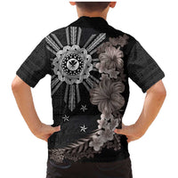 Hawaii and Philippines Together Family Matching Mermaid Dress and Hawaiian Shirt Hibiscus Flower and Sun Badge Polynesian Pattern Grayscale