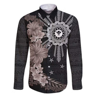 Hawaii and Philippines Together Family Matching Mermaid Dress and Hawaiian Shirt Hibiscus Flower and Sun Badge Polynesian Pattern Grayscale