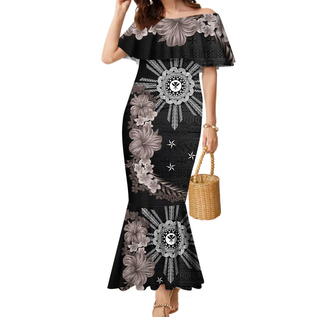 Hawaii and Philippines Together Family Matching Mermaid Dress and Hawaiian Shirt Hibiscus Flower and Sun Badge Polynesian Pattern Grayscale