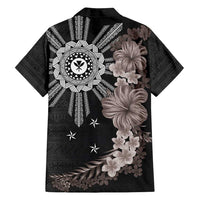 Hawaii and Philippines Together Family Matching Off Shoulder Maxi Dress and Hawaiian Shirt Hibiscus Flower and Sun Badge Polynesian Pattern Grayscale