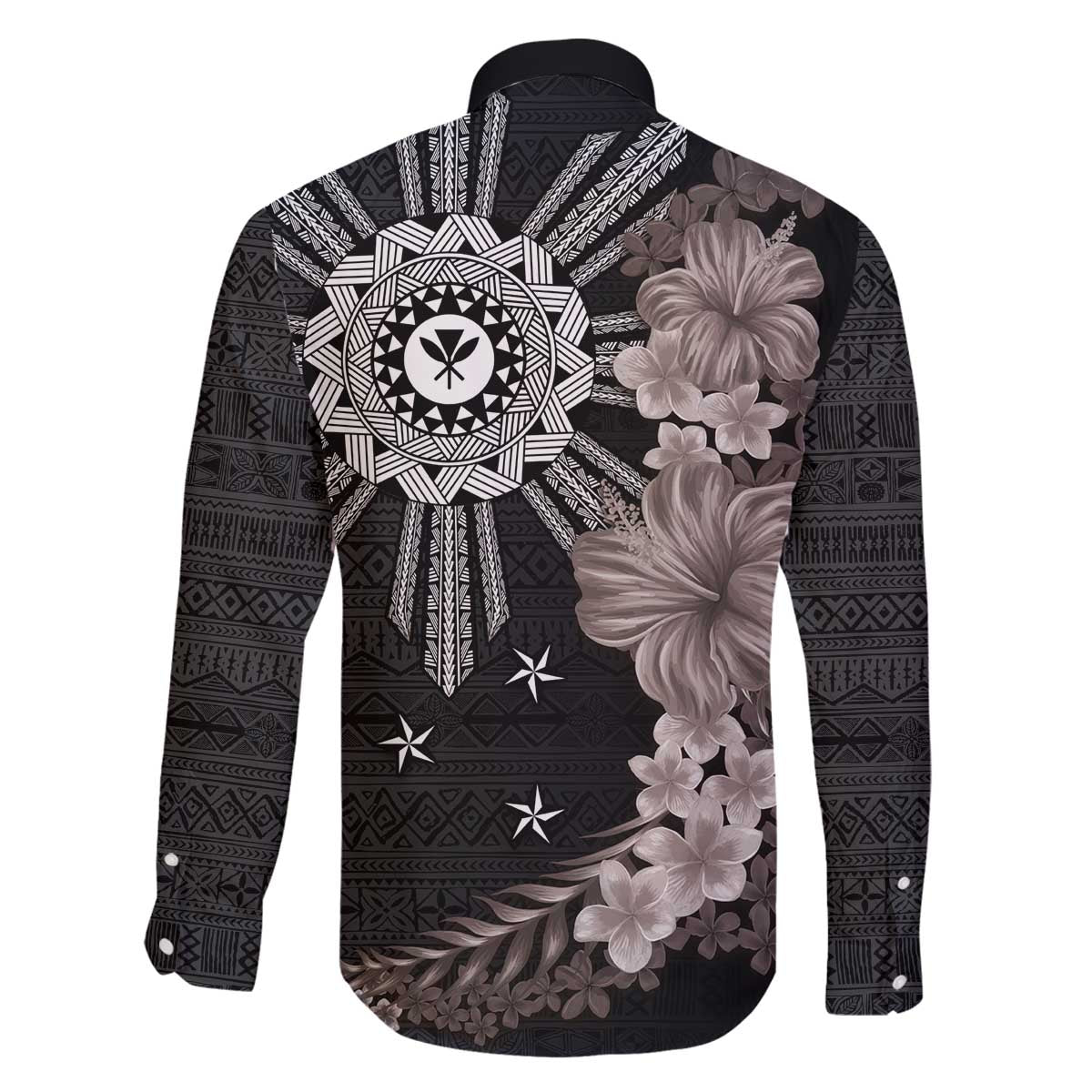 Hawaii and Philippines Together Family Matching Off Shoulder Short Dress and Hawaiian Shirt Hibiscus Flower and Sun Badge Polynesian Pattern Grayscale