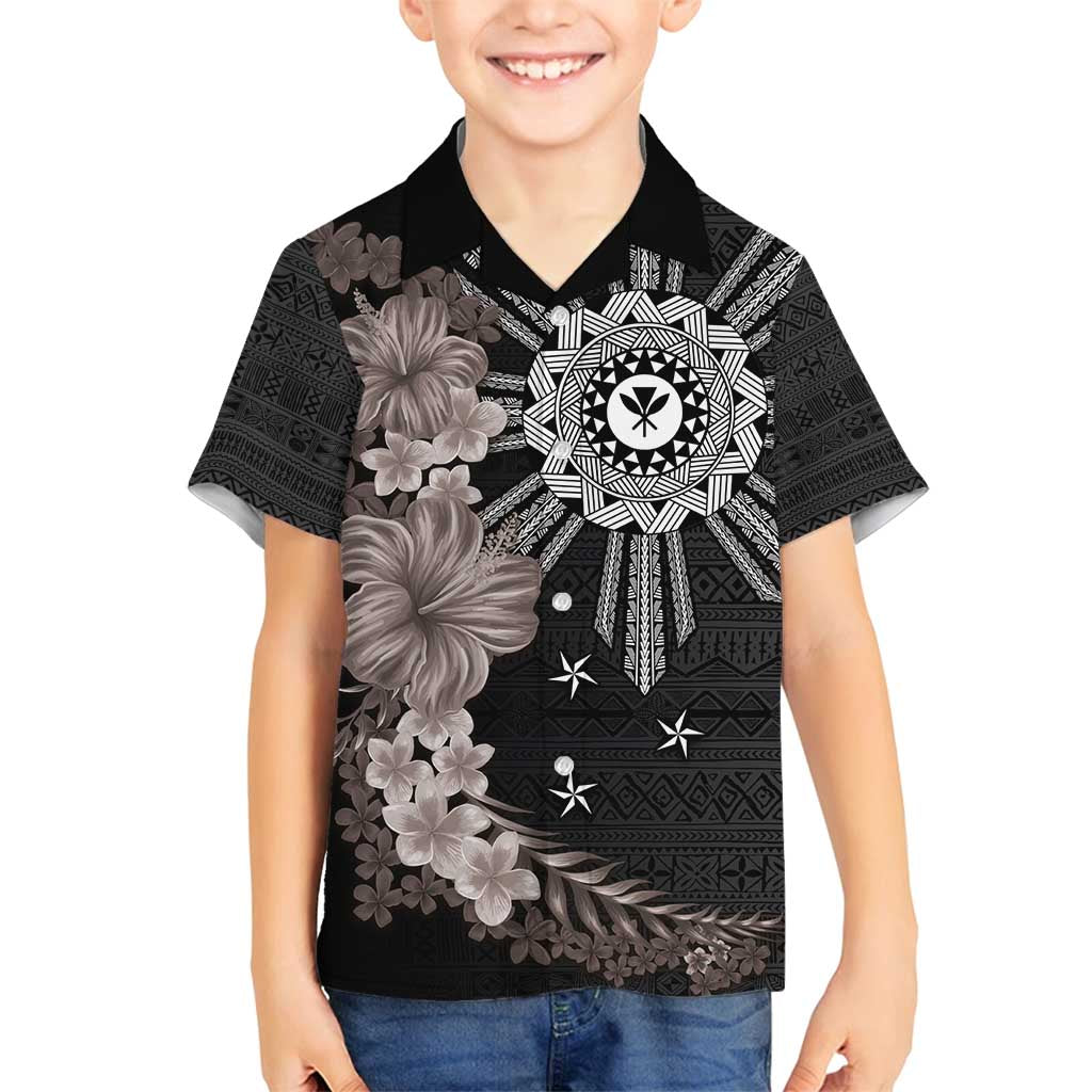 Hawaii and Philippines Together Family Matching Summer Maxi Dress and Hawaiian Shirt Hibiscus Flower and Sun Badge Polynesian Pattern Grayscale