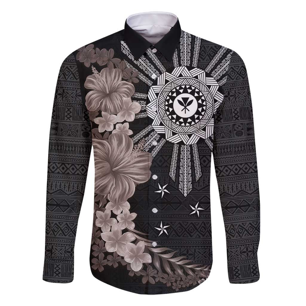 Hawaii and Philippines Together Family Matching Tank Maxi Dress and Hawaiian Shirt Hibiscus Flower and Sun Badge Polynesian Pattern Grayscale