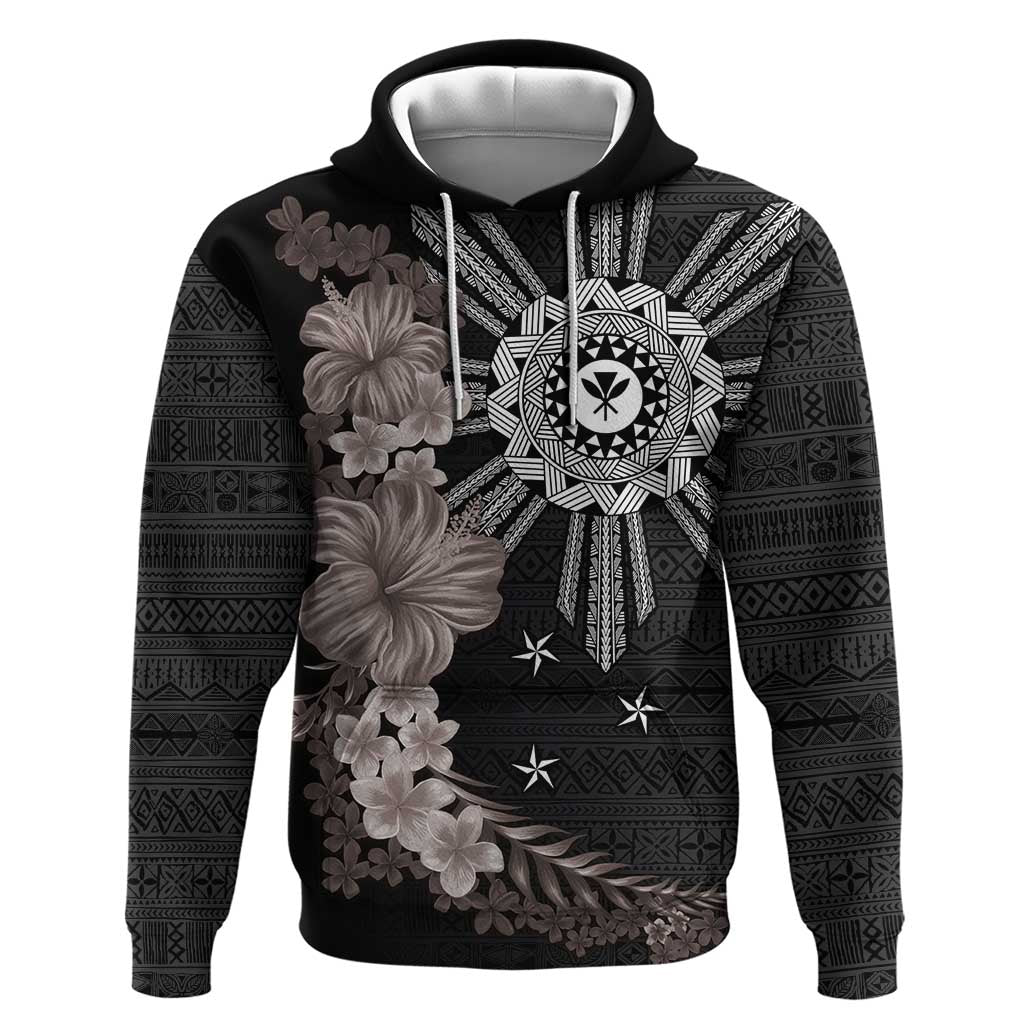 Hawaii and Philippines Together Hoodie Hibiscus Flower and Sun Badge Polynesian Pattern Grayscale