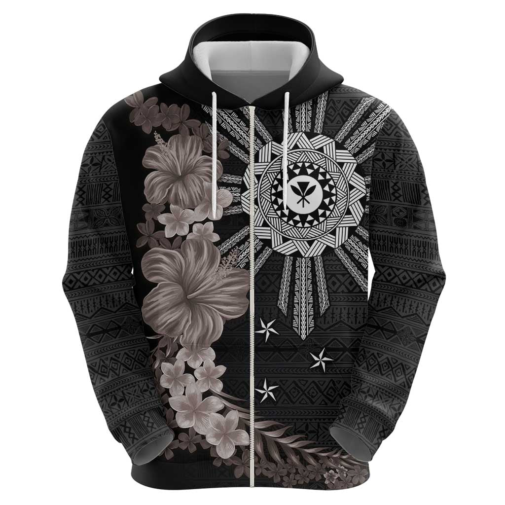 Hawaii and Philippines Together Hoodie Hibiscus Flower and Sun Badge Polynesian Pattern Grayscale