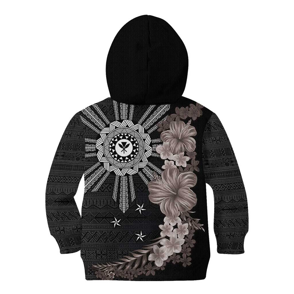 Hawaii and Philippines Together Kid Hoodie Hibiscus Flower and Sun Badge Polynesian Pattern Grayscale