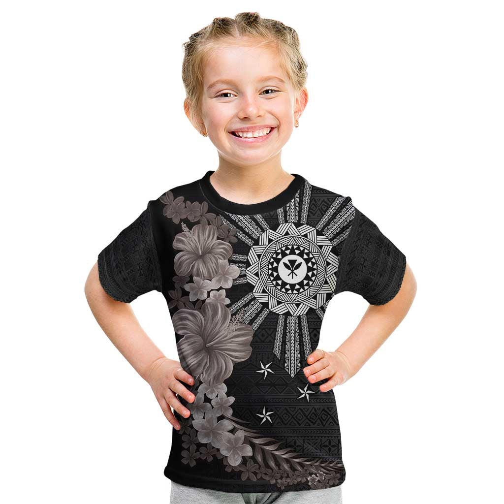 Hawaii and Philippines Together Kid T Shirt Hibiscus Flower and Sun Badge Polynesian Pattern Grayscale