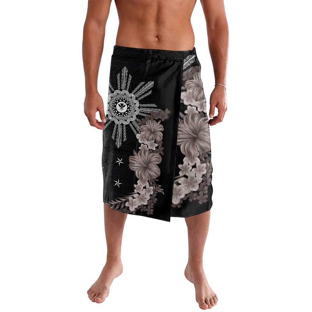 Hawaii and Philippines Together Lavalava Hibiscus Flower and Sun Badge Polynesian Pattern Grayscale