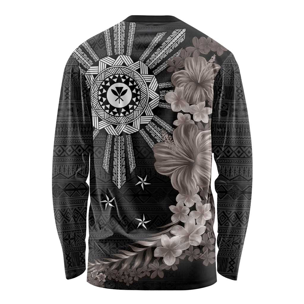 Hawaii and Philippines Together Long Sleeve Shirt Hibiscus Flower and Sun Badge Polynesian Pattern Grayscale