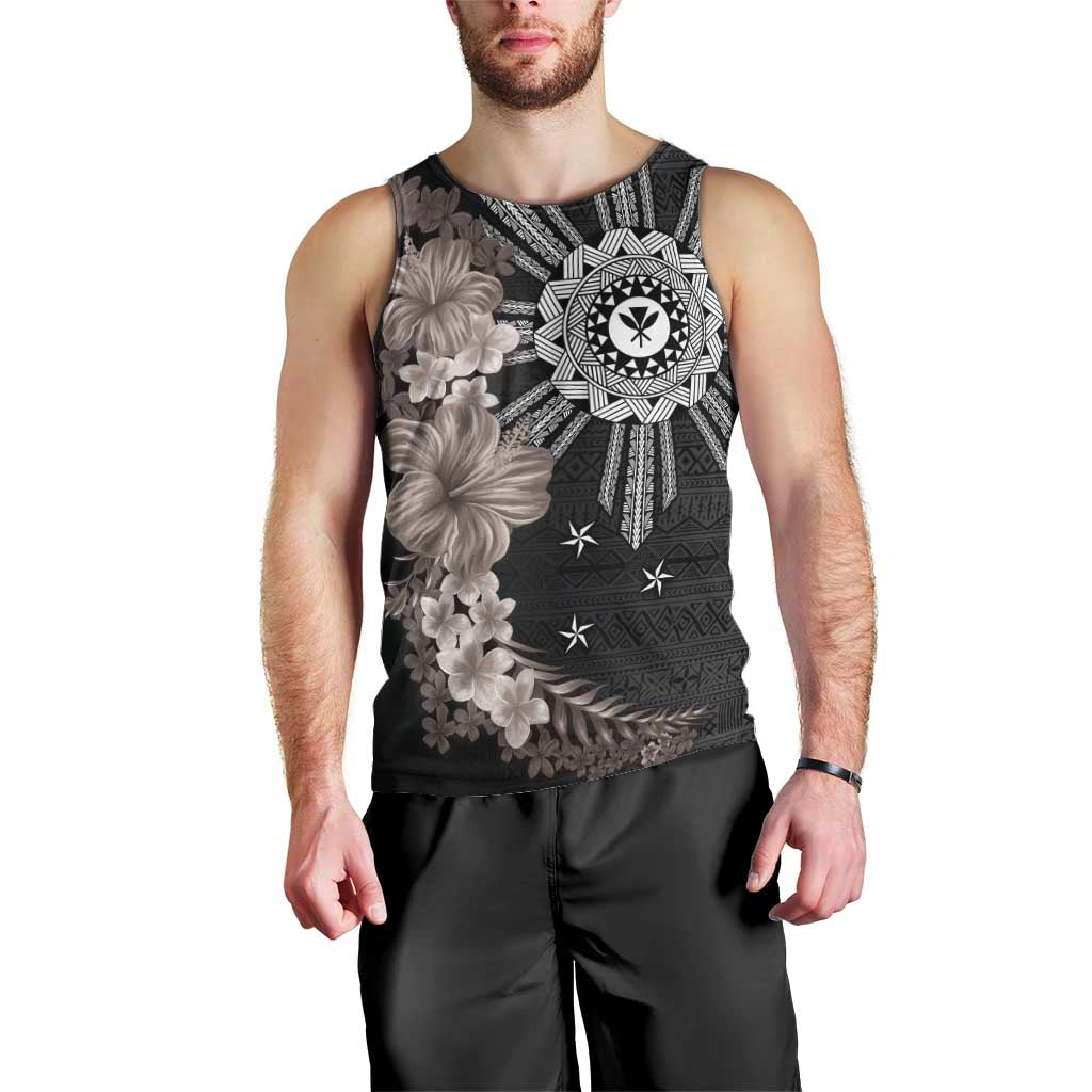 Hawaii and Philippines Together Men Tank Top Hibiscus Flower and Sun Badge Polynesian Pattern Grayscale
