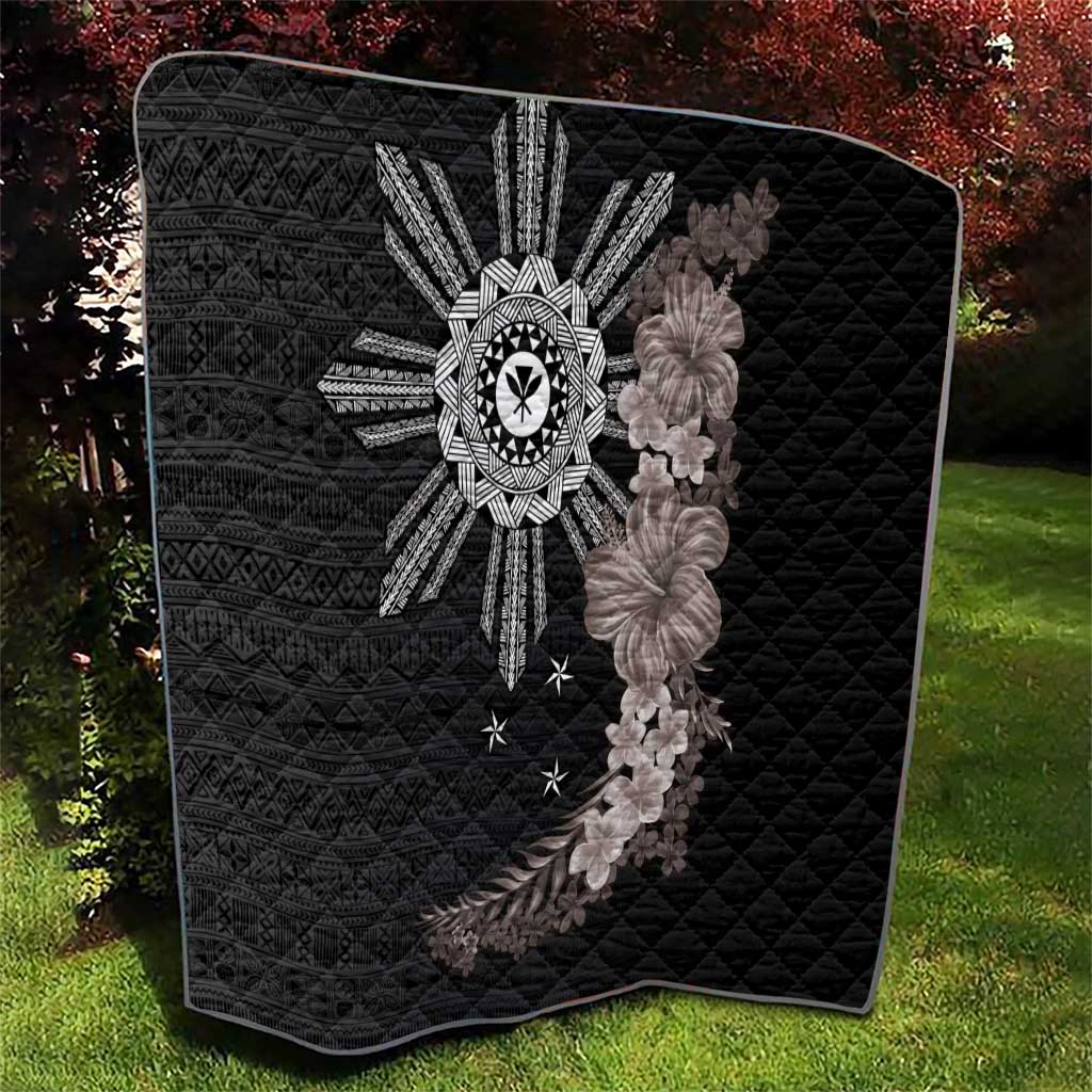 Hawaii and Philippines Together Quilt Hibiscus Flower and Sun Badge Polynesian Pattern Grayscale