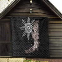 Hawaii and Philippines Together Quilt Hibiscus Flower and Sun Badge Polynesian Pattern Grayscale