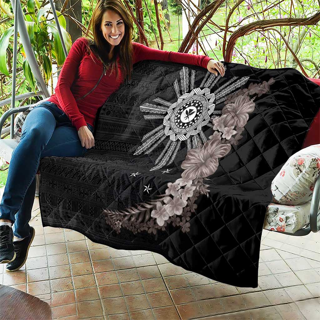 Hawaii and Philippines Together Quilt Hibiscus Flower and Sun Badge Polynesian Pattern Grayscale