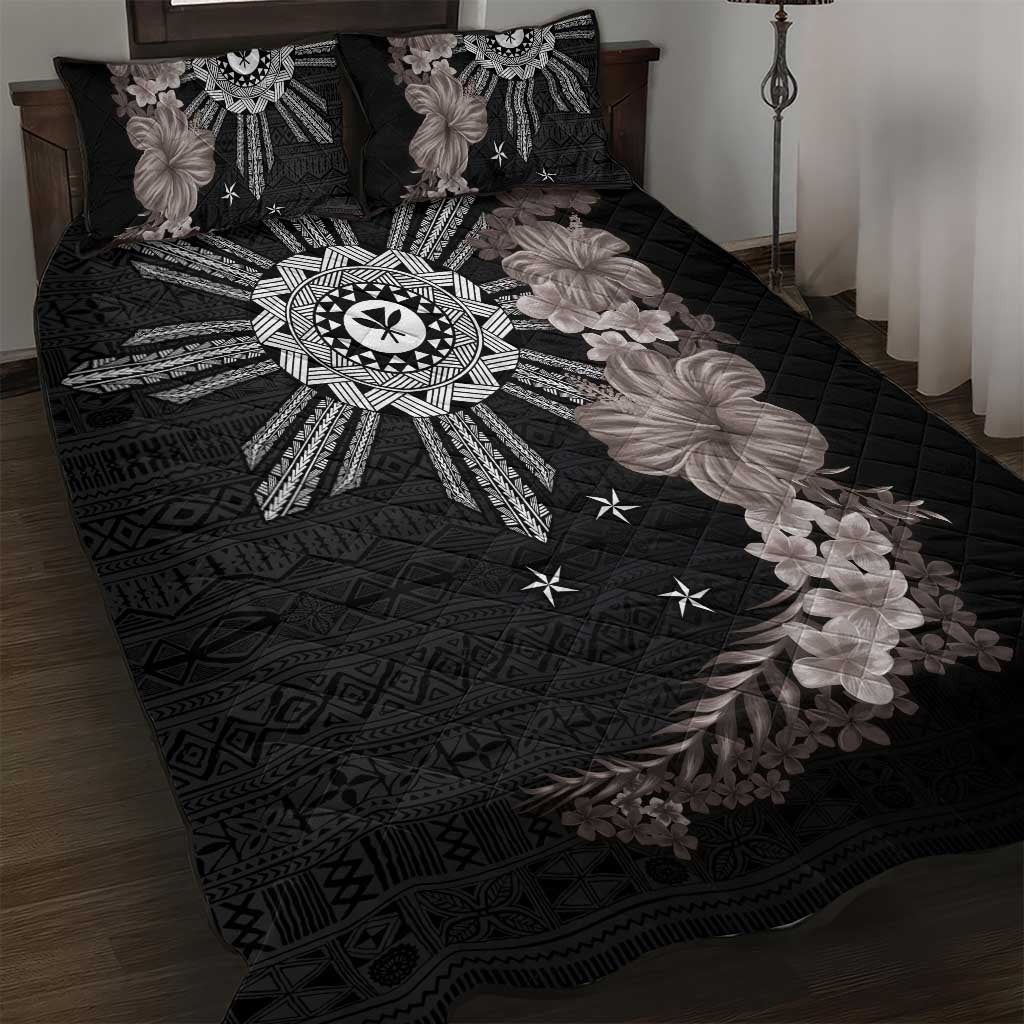 Hawaii and Philippines Together Quilt Bed Set Hibiscus Flower and Sun Badge Polynesian Pattern Grayscale