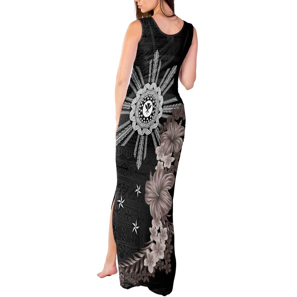 Hawaii and Philippines Together Tank Maxi Dress Hibiscus Flower and Sun Badge Polynesian Pattern Grayscale