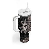 Hawaii and Philippines Together Tumbler With Handle Hibiscus Flower and Sun Badge Polynesian Pattern Grayscale