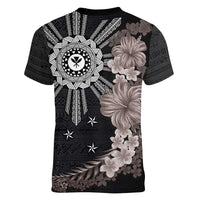 Hawaii and Philippines Together Women V-Neck T-Shirt Hibiscus Flower and Sun Badge Polynesian Pattern Grayscale