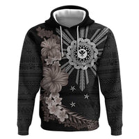 Hawaii and Philippines Together Zip Hoodie Hibiscus Flower and Sun Badge Polynesian Pattern Grayscale