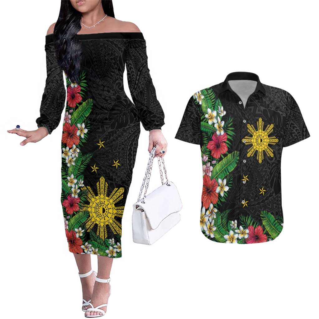 Tropical Hawaii and Philippines Couples Matching Off The Shoulder Long Sleeve Dress and Hawaiian Shirt Kanaka Maoli and Sun Badge Batok Tattoo Colorful