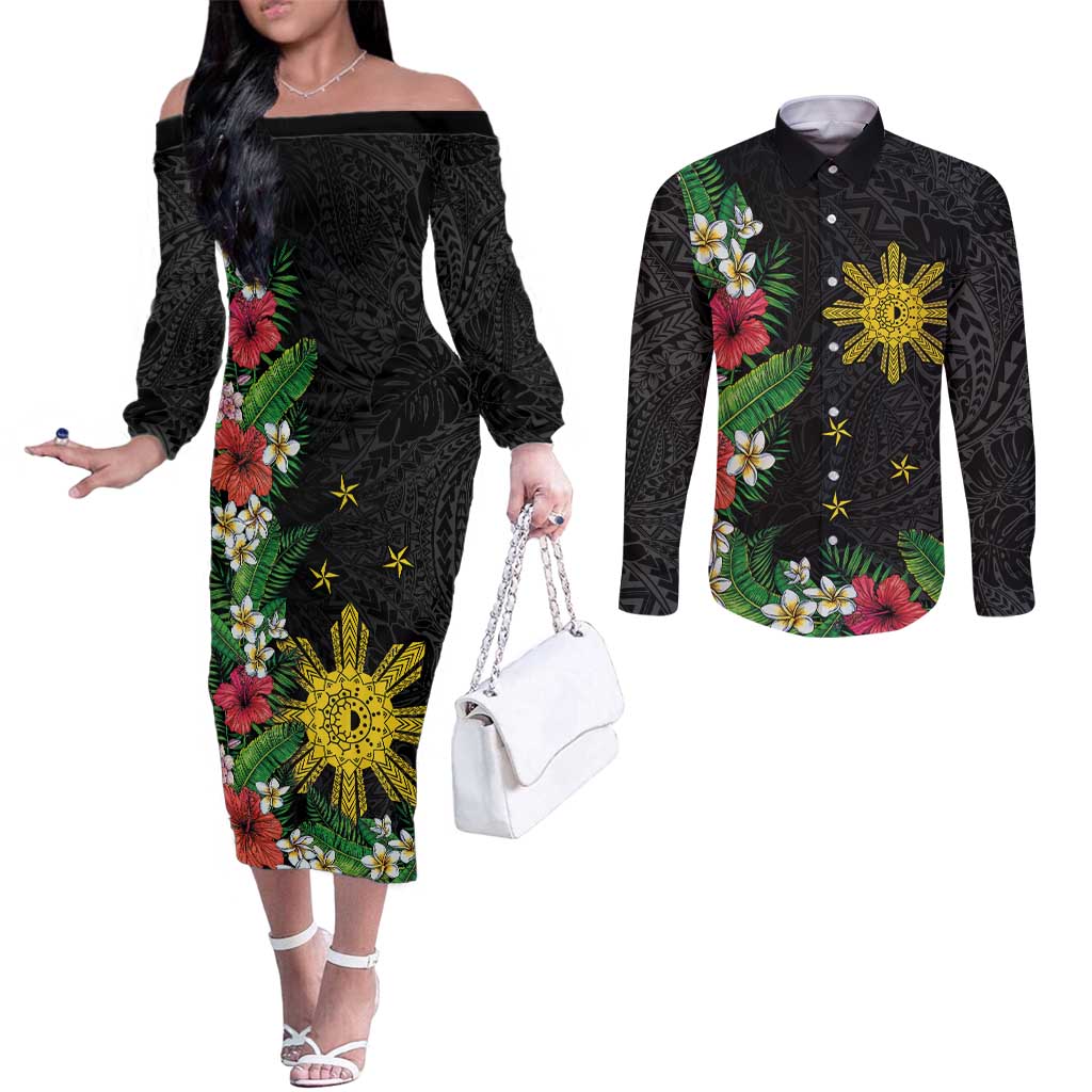 Tropical Hawaii and Philippines Couples Matching Off The Shoulder Long Sleeve Dress and Long Sleeve Button Shirt Kanaka Maoli and Sun Badge Batok Tattoo Colorful